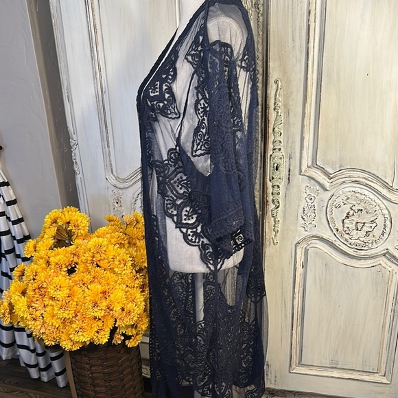Elegant Navy Lace Kimono Swim Cover Up Duster NWT - Picture 5 of 9